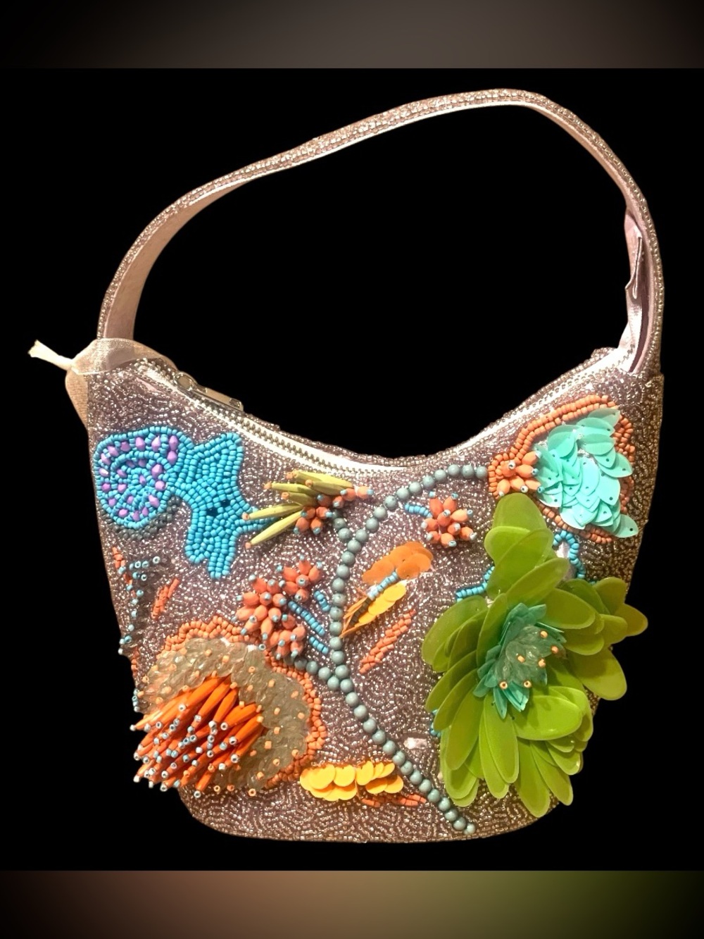 Handcraft Beaded 3D Floral Mini Shoulder Bag Hand Purse Zip Top Satin Lined NWT